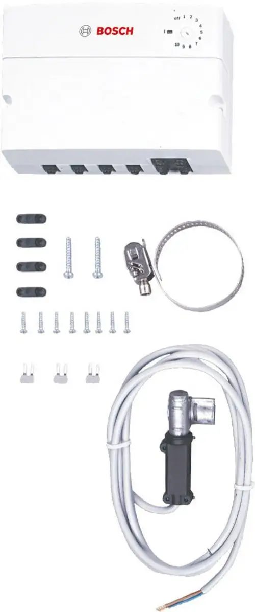 Weißes Bosch Modul mit mehreren Anschlüssen, Schrauben, Kabel, Kabelbinder und einem Adapter. Enthaltene Teile scheinen für die Montage vorgesehen.